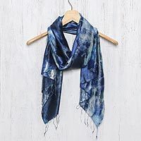 Tie-dyed silk scarf, 'Moving Skies' - Hand Woven 100% Silk Tie Dye Scarf in Blue from Thailand