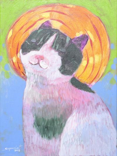 'Aura Cat' - Signed Naif Painting of a Happy Cat from Thailand