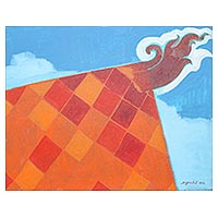 'Thai Roof I' - Signed Naif Painting of a Red Roof from Thailand
