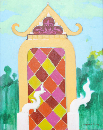 Signed Colorful Naif Painting of a Pagoda from Thailand