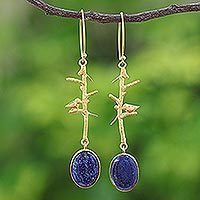 Gold plated lapis lazuli dangle earrings, 'Bird on a Branch'