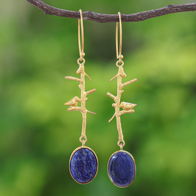 Gold plated lapis lazuli dangle earrings, 'Bird on a Branch' - Nature-Themed Gold Plated Lapis Lazuli Dangle Earrings