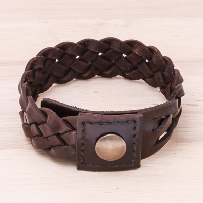 Men's leather braided wristband bracelet, 'Love Weave in Espresso' - Men's Leather Braided Wristband Bracelet in Espresso