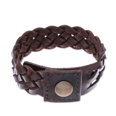 Men's leather braided wristband bracelet, 'Love Weave in Espresso' - Men's Leather Braided Wristband Bracelet in Espresso