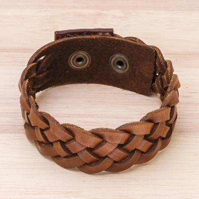 Men's leather braided wristband bracelet, 'Love Weave in Sepia' - Men's Leather Braided Wristband Bracelet in Sepia