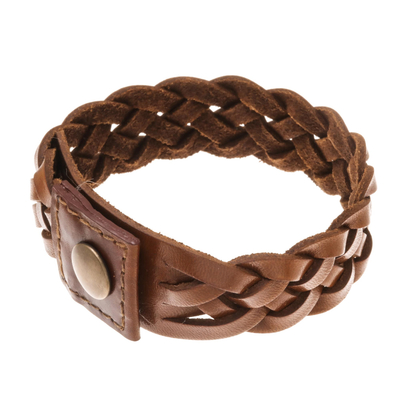Men's leather braided wristband bracelet, 'Love Weave in Sepia' - Men's Leather Braided Wristband Bracelet in Sepia