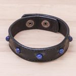 Men's lapis lazuli beaded wristband bracelet, 'Powerful Mind' - Men's Lapis Lazuli and Leather Beaded Wristband Bracelet