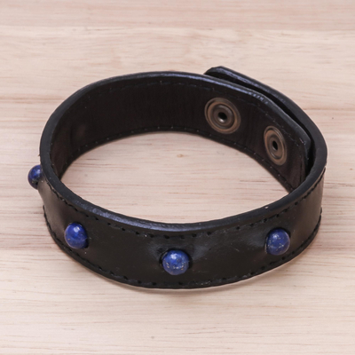 Men's lapis lazuli beaded wristband bracelet, 'Powerful Mind' - Men's Lapis Lazuli and Leather Beaded Wristband Bracelet