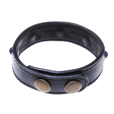 Men's lapis lazuli beaded wristband bracelet, 'Powerful Mind' - Men's Lapis Lazuli and Leather Beaded Wristband Bracelet