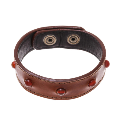 Men's chalcedony beaded wristband bracelet, 'Powerful Mind' - Men's Chalcedony and Leather Beaded Wristband Bracelet