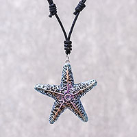 Recycled paper pendant necklace, 'Pink Starfish' - Hand-Painted Recycled Paper Starfish Necklace from Thailand