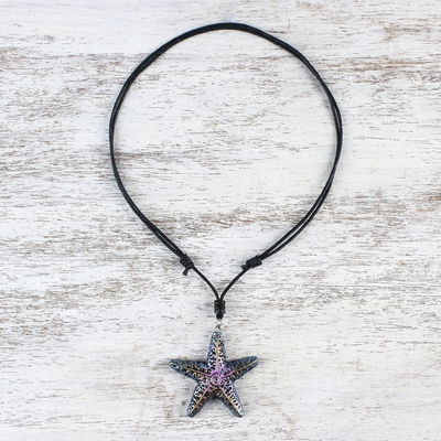 Recycled paper pendant necklace, 'Pink Starfish' - Hand-Painted Recycled Paper Starfish Necklace from Thailand