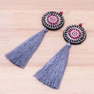 Cotton dangle earrings, 'Hill Tribe Carnival' - Hand-Embroidered Dangle Earrings from Thailand