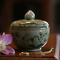 Celadon ceramic jewelry box, 'Spring Butterfly' - Celadon Ceramic Jewelry Box