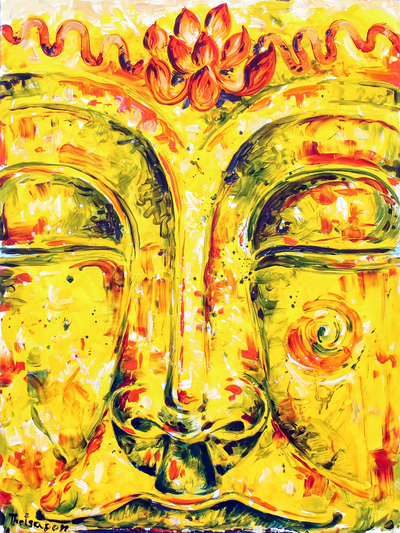 Signed Buddha-Themed Painting in Yellow from Thailand