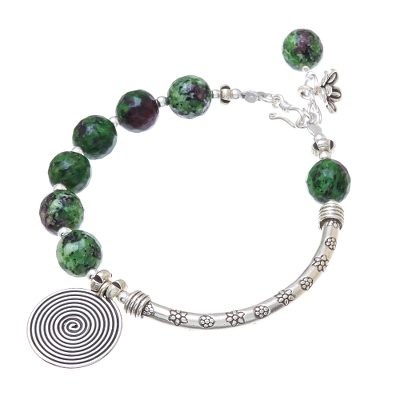 Green Agate and Karen Silver Beaded Charm Bracelet
