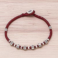Silver beaded bracelet, 'Daisy Day in Red' - Floral Karen Silver Beaded Bracelet in Red from Thailand