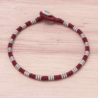 Silver beaded bracelet, 'Storytelling Knots in Red' - Karen Silver Beaded Bracelet in Red from Thailand