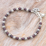 Garnet beaded bracelet, 'Garnet Garden' - Garnet and Karen Silver Beaded Bracelet from Thailand