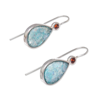 Roman glass and garnet drop earrings, 'Roman Glitter' - Drop-Shaped Garnet and Roman Glass Drop Earrings