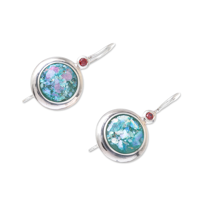 Roman glass and garnet drop earrings, 'Roman Circles' - Round Garnet and Roman Glass Drop Earrings from Thailand