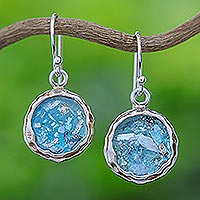 Roman glass dangle earrings, 'Roman Mirrors' - Handcrafted Roman Glass Dangle Earrings from Thailand