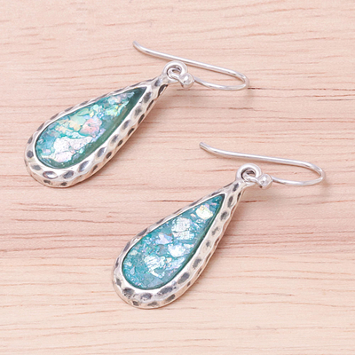 Roman glass dangle earrings, 'Roman Drops' - Drop-Shaped Roman Glass Dangle Earrings from Thailand