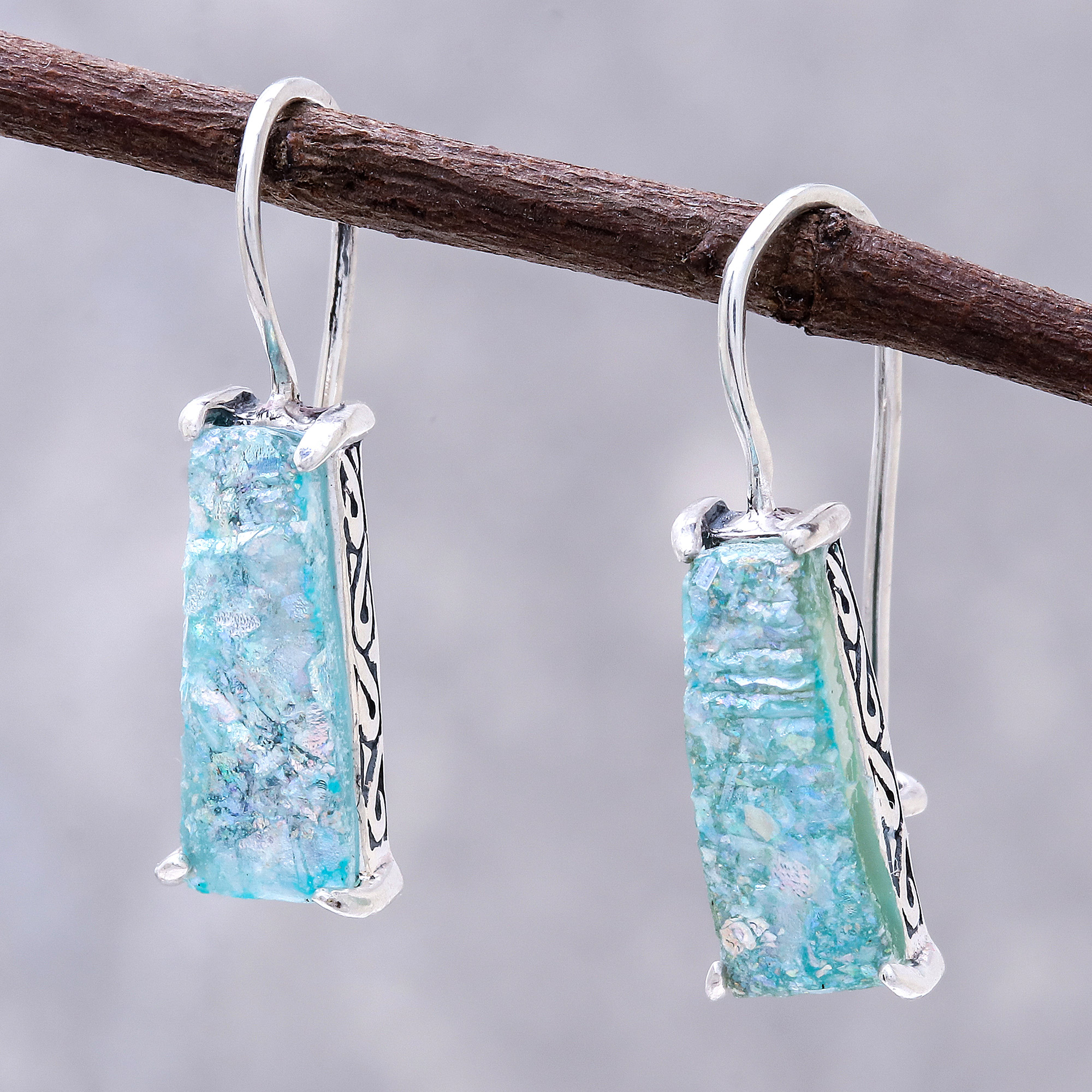 Handcrafted Roman Glass Drop Earrings from Thailand, 'Roman Towers'