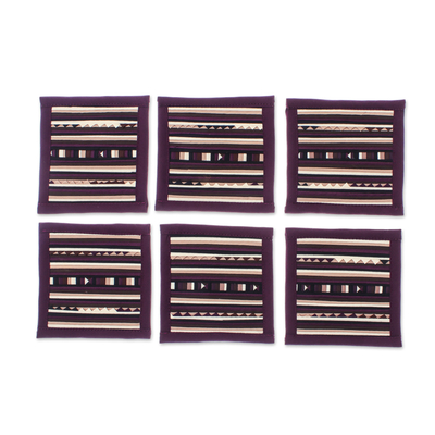 Cotton coasters, 'Lahu Purple' (set of 6) - Patchwork Cotton Coasters in Purple (Set of 6)