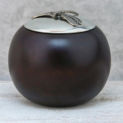 Wood and pewter decorative jar, 'The Dragonfly' (4 inch) - Wood and Pewter Dragonfly Decorative Jar (4 in.)