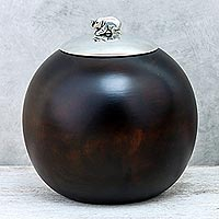 Wood and pewter decorative jar, 'Elephant Orb' (5 inch) - Wood and Pewter Elephant Decorative Jar (5 in.)