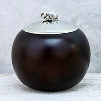 Wood and pewter decorative jar, 'Elephant Orb' (4 inch) - Wood and Pewter Elephant Decorative Jar (4 in.)