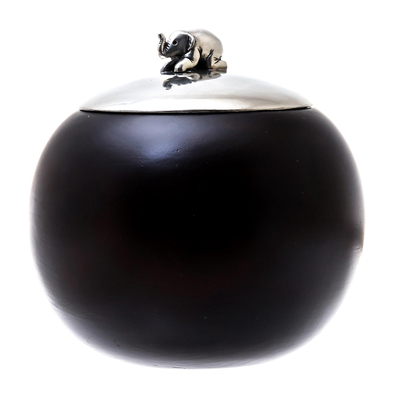 Wood and pewter decorative jar, 'Elephant Orb' (4 inch) - Wood and Pewter Elephant Decorative Jar (4 in.)