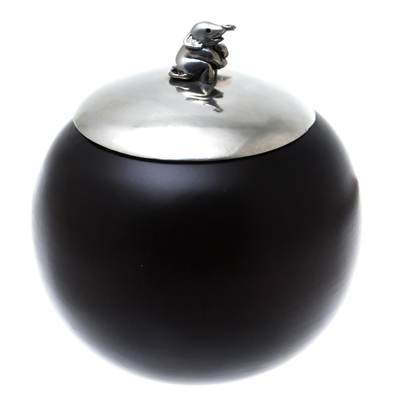 Elephant-Themed Wood and Pewter Decorative Jar (4 inch)