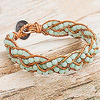 Dolomite beaded bracelet, 'Spring Hydrangea' - Aqua Dolomite Beaded Leather Bracelet from Thailand