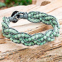 Dolomite beaded bracelet, 'Summer Hydrangea' - Aqua Dolomite and Grey Leather Bracelet from Thailand