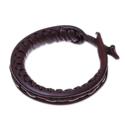 Leather bangle bracelet, 'Surrounded by Beauty' - Artisan Crafted Leather Bangle Bracelet from Thailand