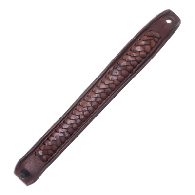 Leather wristband bracelet, 'Weaver's Life' - Handcrafted Woven Leather Wristband Bracelet from Thailand