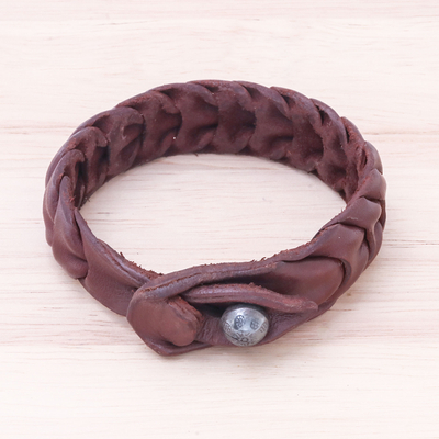 Leather wristband bracelet, 'Smooth Wave' - Handmade Leather Wristband Bracelet in Brown from Thailand