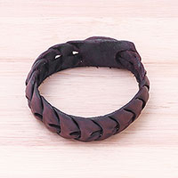 Leather wristband bracelet, 'Smooth Wave in Dark Brown'