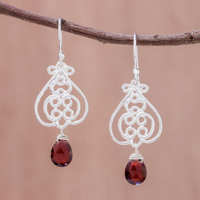 Garnet dangle earrings, 'Swirling Beauty' - Swirl Pattern Garnet Dangle Earrings Crafted in Thailand