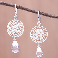 Rose quartz dangle earrings, 'Glittering Web'