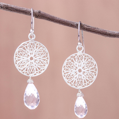 Rose quartz dangle earrings, 'Glittering Web' - Web Motif Rose Quartz Dangle Earrings from Thailand