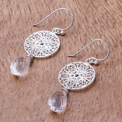 Rose quartz dangle earrings, 'Glittering Web' - Web Motif Rose Quartz Dangle Earrings from Thailand
