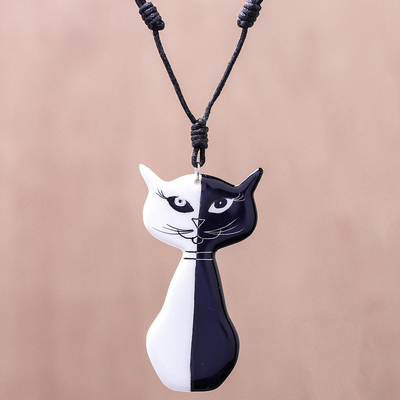 Ceramic pendant necklace, 'Black and White Cat' - Black and White Ceramic Cat Pendant Necklace from Thailand