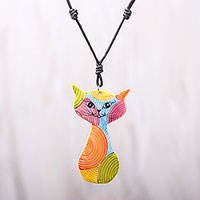 Ceramic pendant necklace, 'Rainbow Cat'