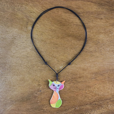 Ceramic pendant necklace, 'Rainbow Cat' - Colorful Ceramic Cat Pendant Necklace from Thailand