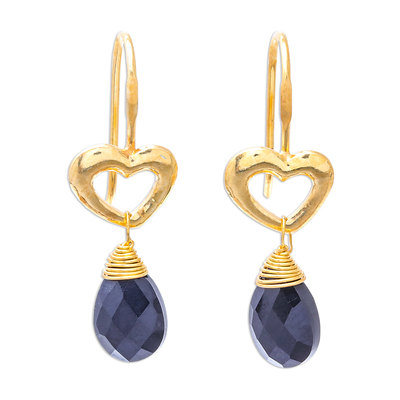 Gold plated spinel dangle earrings, 'Time to Love' - Gold Plated Spinel Heart Dangle Earrings from Thailand