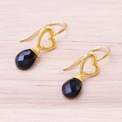 Gold plated spinel dangle earrings, 'Time to Love' - Gold Plated Spinel Heart Dangle Earrings from Thailand