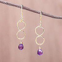 Gold plated amethyst dangle earrings, 'Purple Infinity'